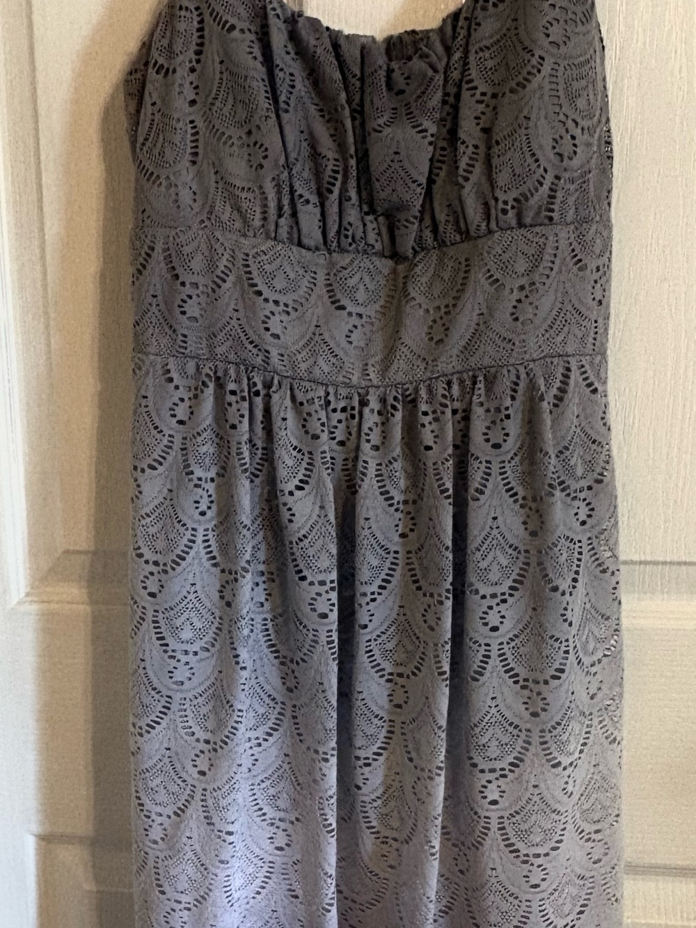 Strapless Gray Lace Dress with Scallop Detail